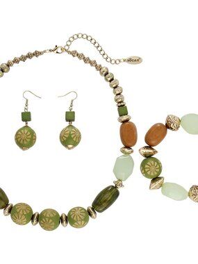 Chunky Wooden Beaded Collar Necklace Earrings Bracelet Handmade 3 Sets for Women